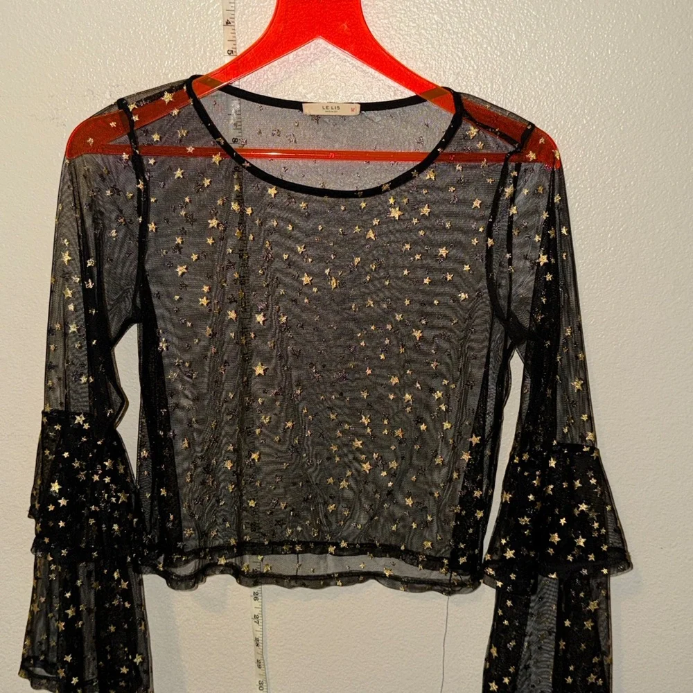 Le Lis Black Sheer Mesh Star Print Top Size Small - Picture 2 of 4